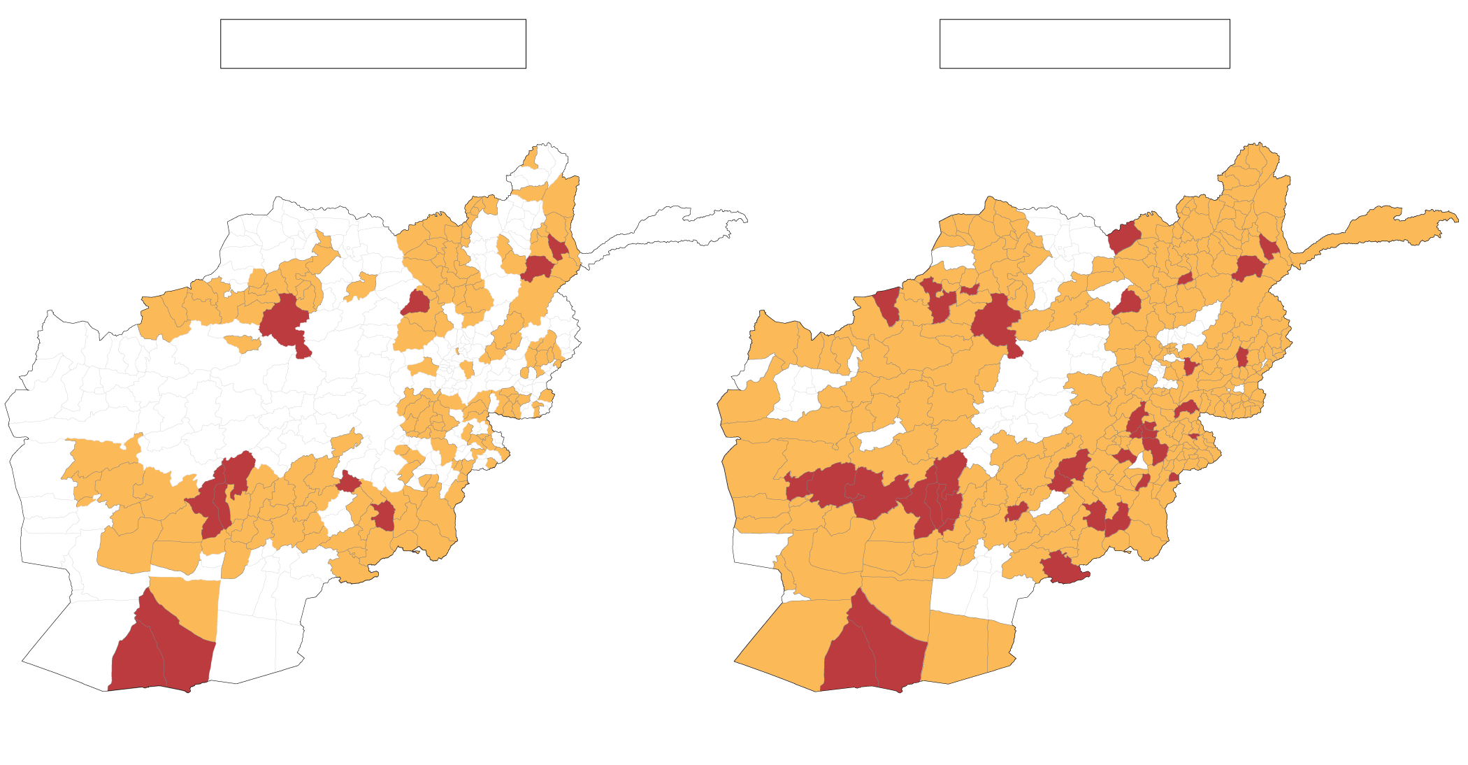 U.S. Government Says The Taliban controls or contests 44% of districts (Figure 1, Left), but Military Analysts Say The Taliban controls or contests 61% of districts (Figure 2, right)