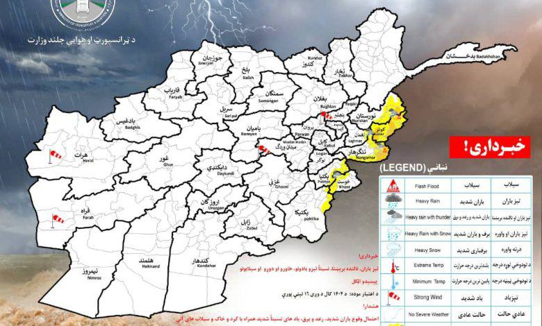 هشدار هواشناسی از بارش باران و سیلاب‌های آنی در هفت ولایت کشور