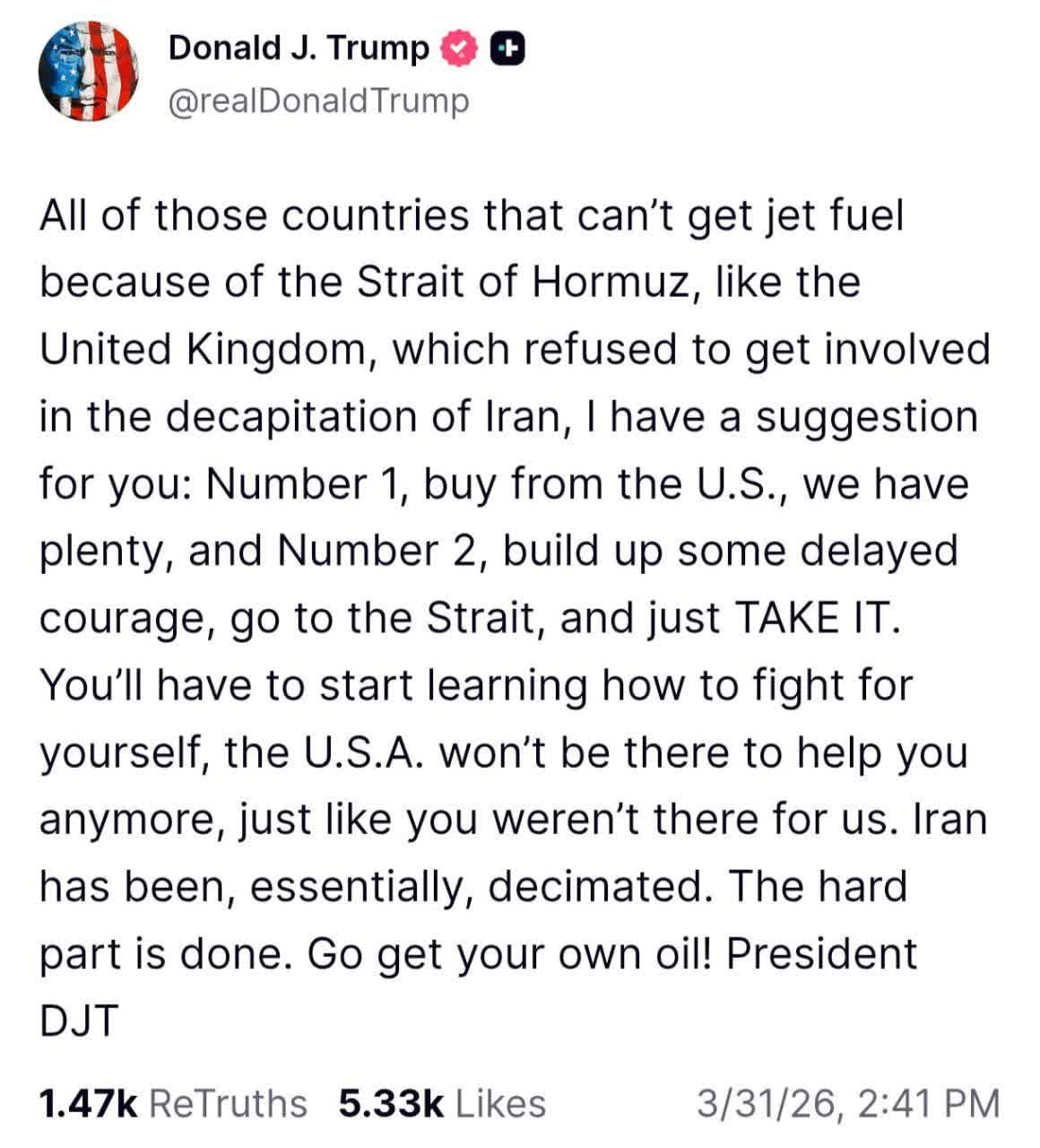 عقب نشینی ترامپ: کشورها یا از امریکا سوخت هواپیما بخرند یا خودشان تنگهٔ هرمز را باز کنند